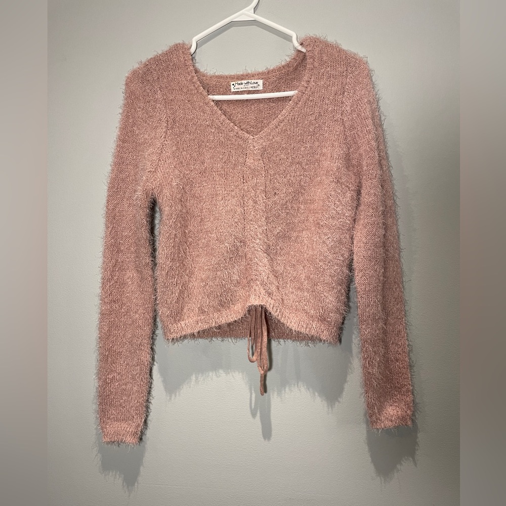 Fuzzy Pink V-Neck Sweater - Picture 2 of 4
